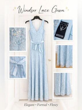 Windsor Powder Blue Lace Maxi Dress with V-Neck & Sequence